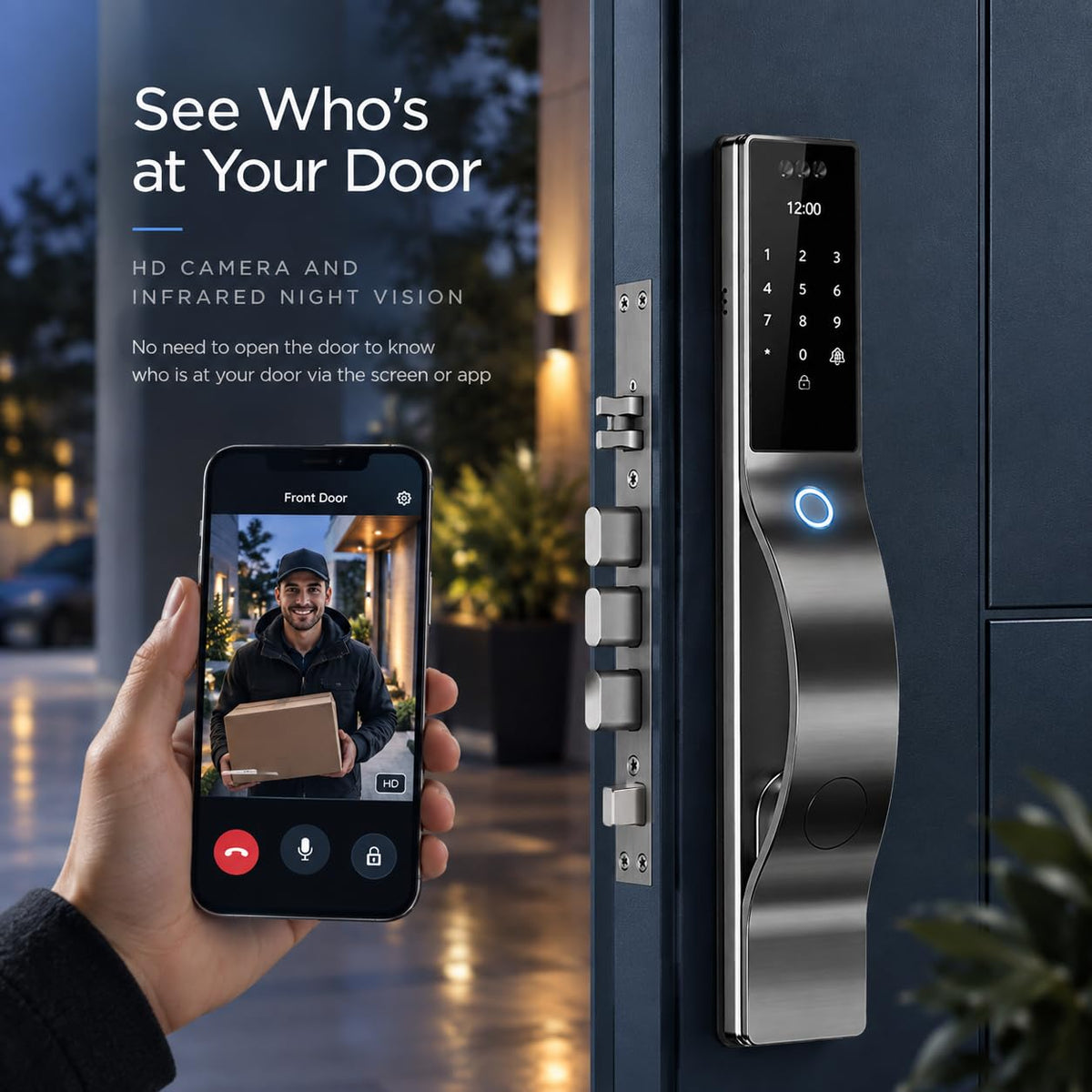 Smart Door Lock with Camera: 3D Face Recognition, Keyless Door Lock with Biometric Fingerprint, Passcode, IC Card, Mechanical Key, Doorbell, Video Intercom, WiShome App, Auto-Lock, Front Door Lock