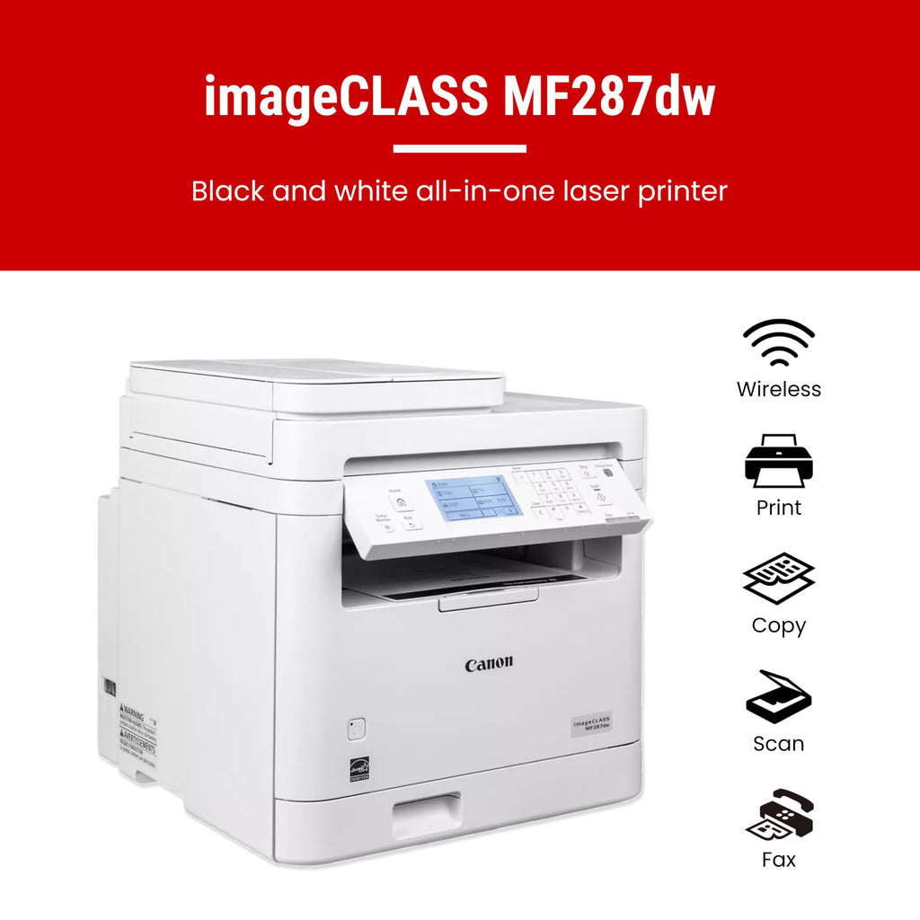 Canon imageCLASS MF287dw - Monochrome, Duplex, Wireless Laser Printer, All-in-One Print, Copy, Scan, Fax, Auto Document Feeder, 1 Year Limited Warranty, 35 PPM, White