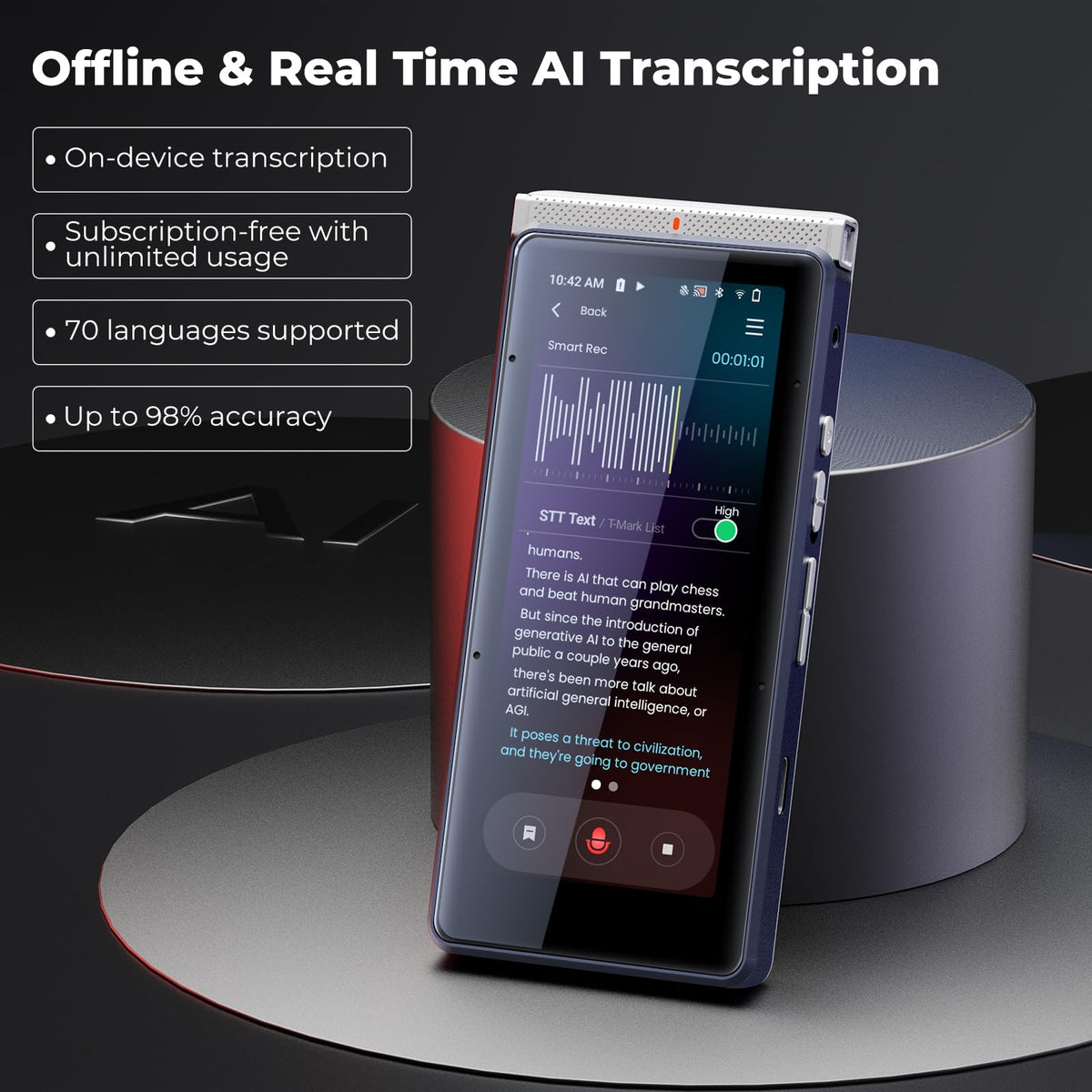 Innioasis PR1 AI Voice Recorder, Transcription & Translation with AI, 3.99 inch 64GB Smart Summarize, Offline AI Processing Note Taker for Meeting & Lectures, Translation for Business Travel, Silver
