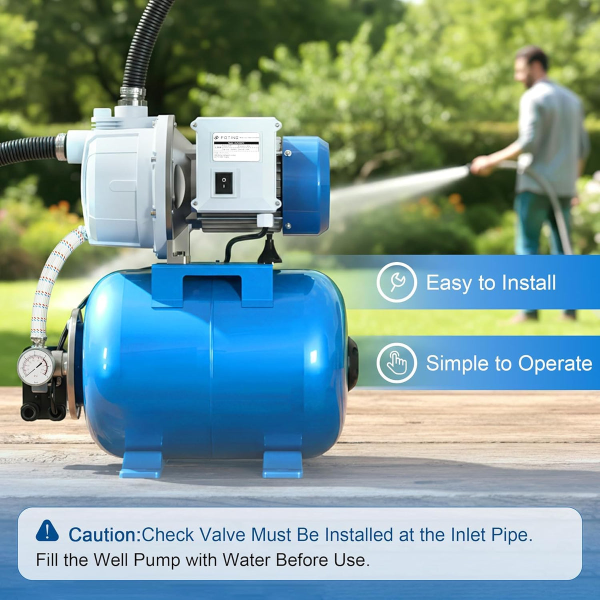 FOTING 1.5HP Shallow Well Pump with Pressure Tank, 1340GPH Jet Pumps Garden Pump, Water Transfer Draining Irrigation Pumps, Water Booster Jet Pump Stainless Steel for Home Garden Lawn Farm, Blue