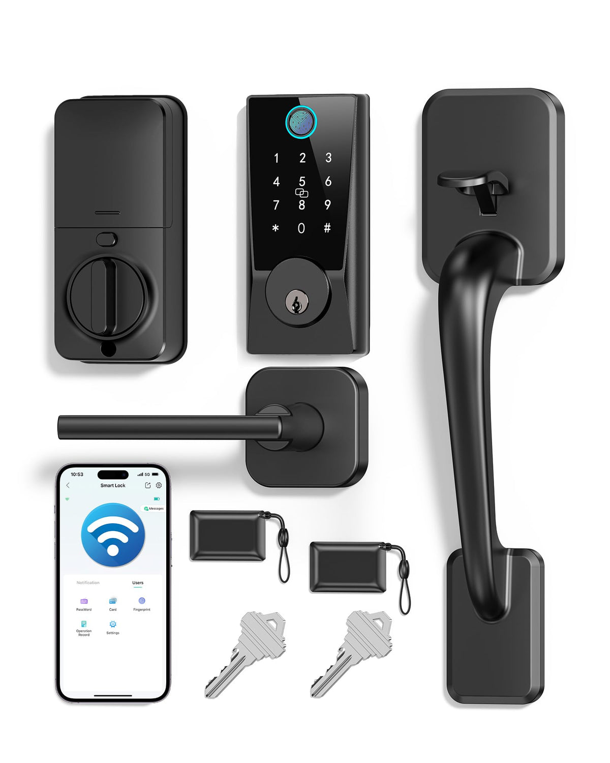 WiFi Smart Lock with Handleset, Built-in WiFi Door Lock, Keyless Entry Deadbolt for Front Door, Fingerprint, App & Remote Control, Compatible with Alexa & Google Assistant, Auto Locking