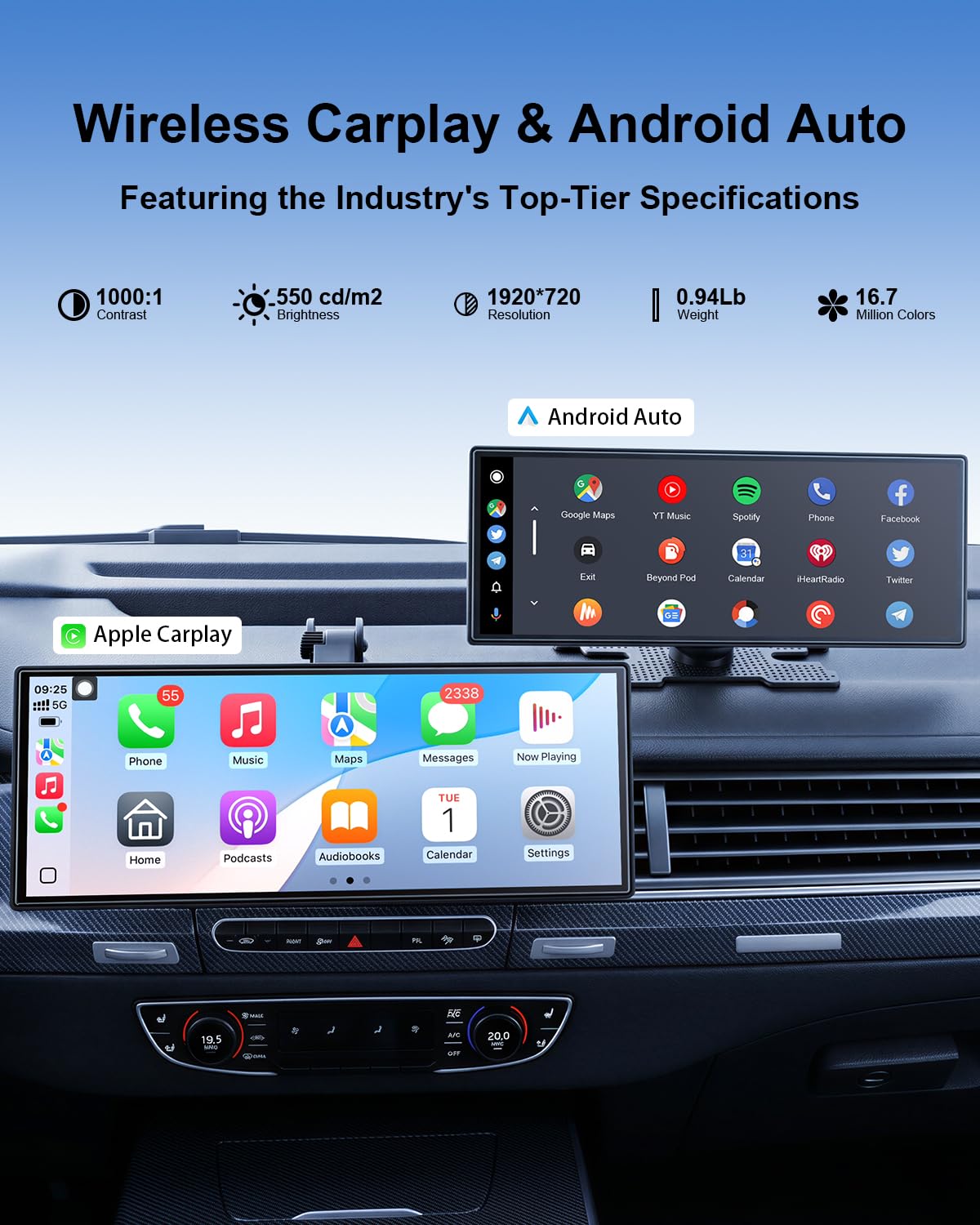 11'' Wireless Carplay Screen with Net-Flix YouTube Apps and Backup Camera, Upgraded in-Cell HD Touchscreen with CarPlay & Android Auto, WiFi, GPS Navigation Voice Assistant for All Vehicles