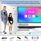 75" AI Pro Smart Board for Classroom & Office, Android 16 & Win 11 16G RAM+256G ROM, 48MP Camera Build in 4K UHD Interactive Whiteboard with Touchscreen & 8 Mic Array,Electronic Whiteboard for Meeting