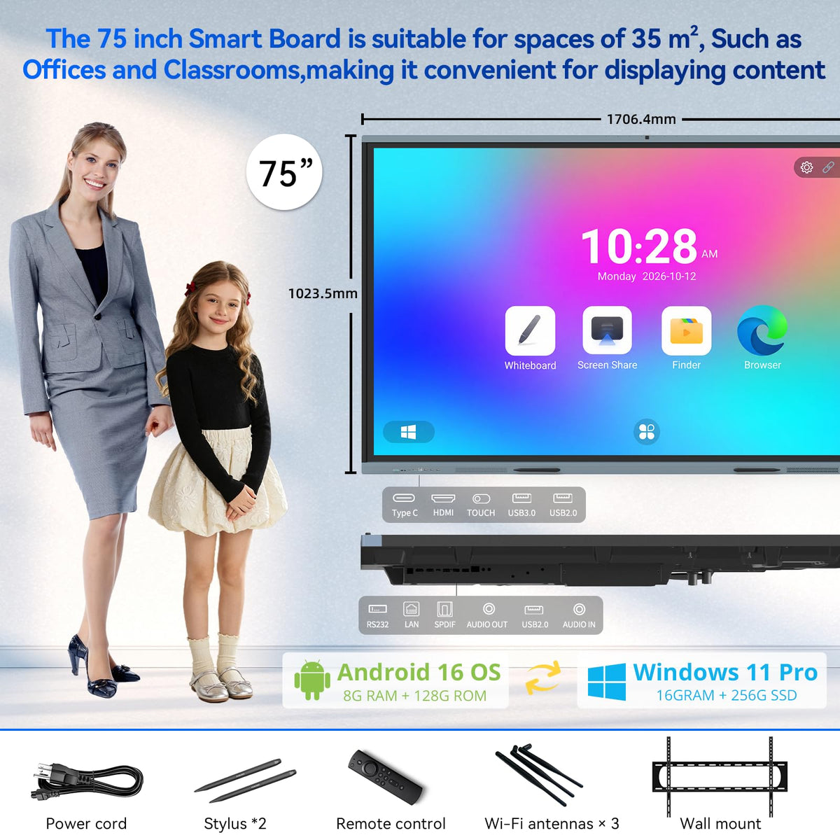 75" AI Pro Smart Board for Classroom & Office, Android 16 & Win 11 16G RAM+256G ROM, 48MP Camera Build in 4K UHD Interactive Whiteboard with Touchscreen & 8 Mic Array,Electronic Whiteboard for Meeting