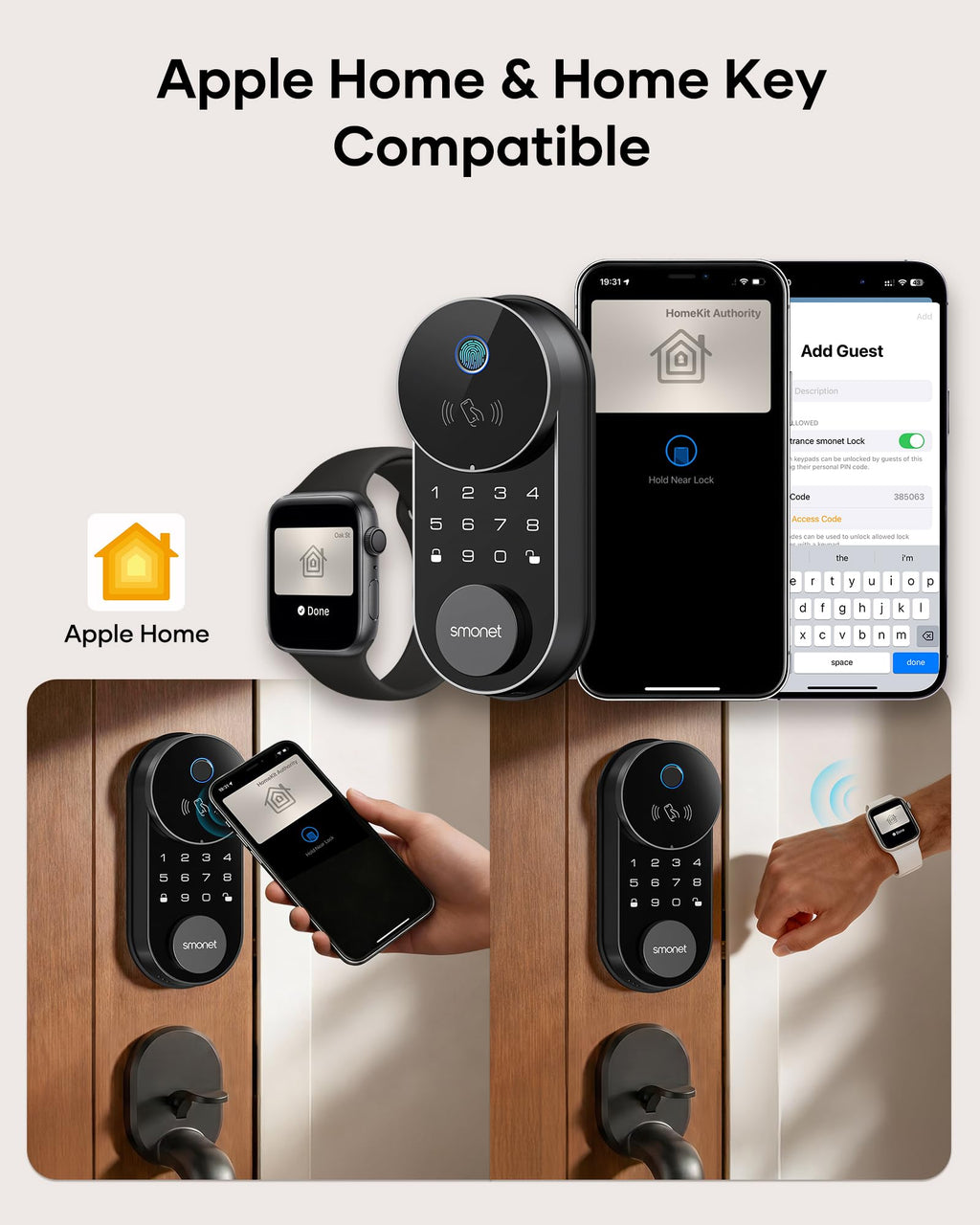 SMONET Smart Front Door Lock Set, Apple Home Key Built-in WiFi Deadbolt