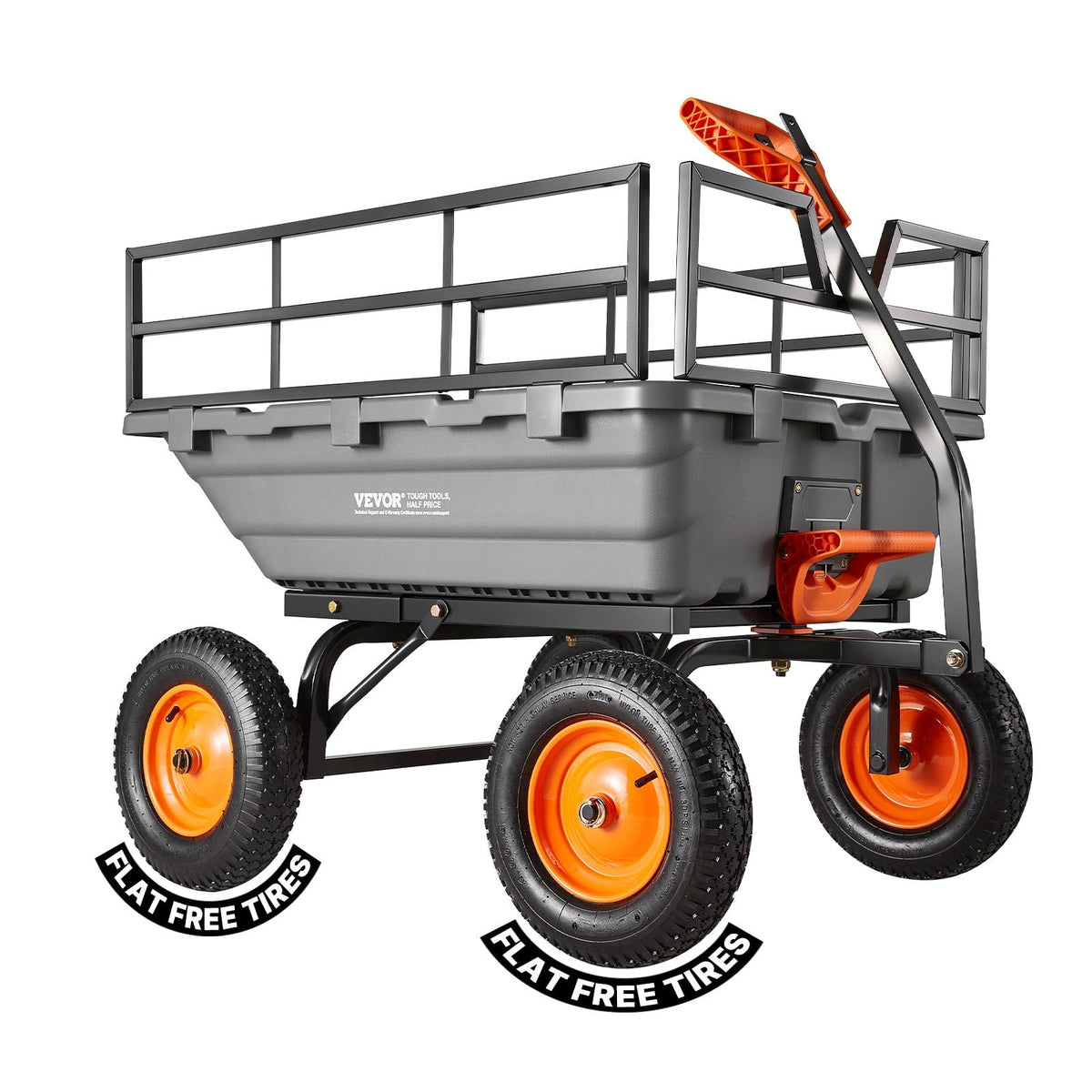 VEVOR 7 Cu.Ft 1200LBS Poly Garden Cart Dump Wagon, Heavy Duty Wheelbarrow with 2-in-1 Convertible Handle and 13" Flat Free Tires, Utility ATV Trailer Yard Dump Cart Tow Behind for Lawn Mower Tractor