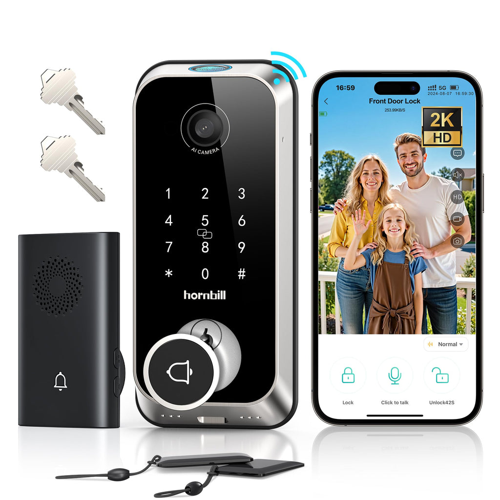 Hornbill Video Smart Lock with Camera: 10-in-1 Ring+2K Camera+Doorbell+Fingerprint Keyless Entry Door Lock, Built-in WiFi Deadbolt(only 2.4G), Two-Way Audio/App Remote Control/PIR, No Monthly Fee