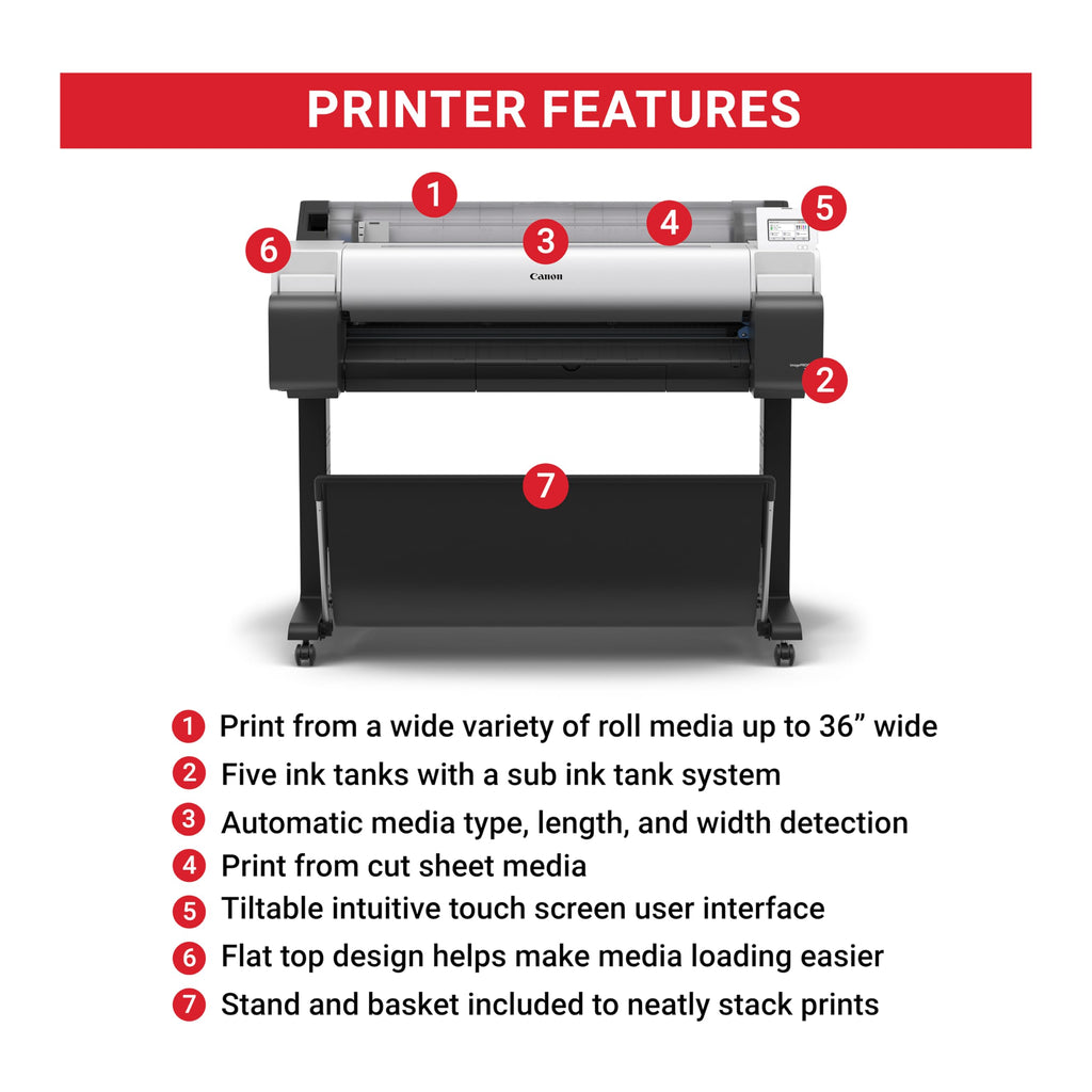Canon imagePROGRAF TM-340 36" - Large Format 5 Color Poster & Plotter Printer with Media Detection, Color Calibration, Printer Stand/Catch Basket, 300 ml of Ink, and 2-Year Warranty