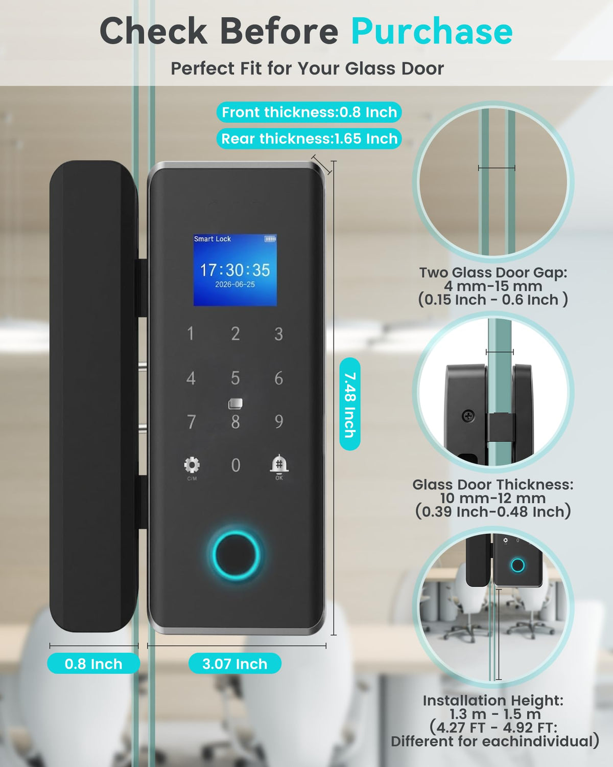 Smart Glass Door Locks for Frameless Glass Doors, No Drill Keyless Entry Gate Locks,4 in 1 Glass Locks,Fingerprint,IC Card,Password,APP, Door Lock for Office,Store,Cabinet,Shop (Zigbee)