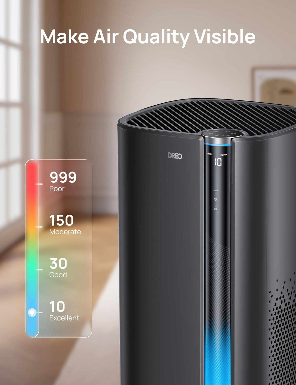 DREO Smart Air Purifier for Home, Washable Pre-Filter, Large Rooms Air Cleaner with Wi-Fi/Voice/Alexa,Smoke,Dust,Pollen,Odor,PM2.5 Monitor, 4 Speeds & Auto/Turbo/HEPA Sleep Mode, DR-HAP003AS Black