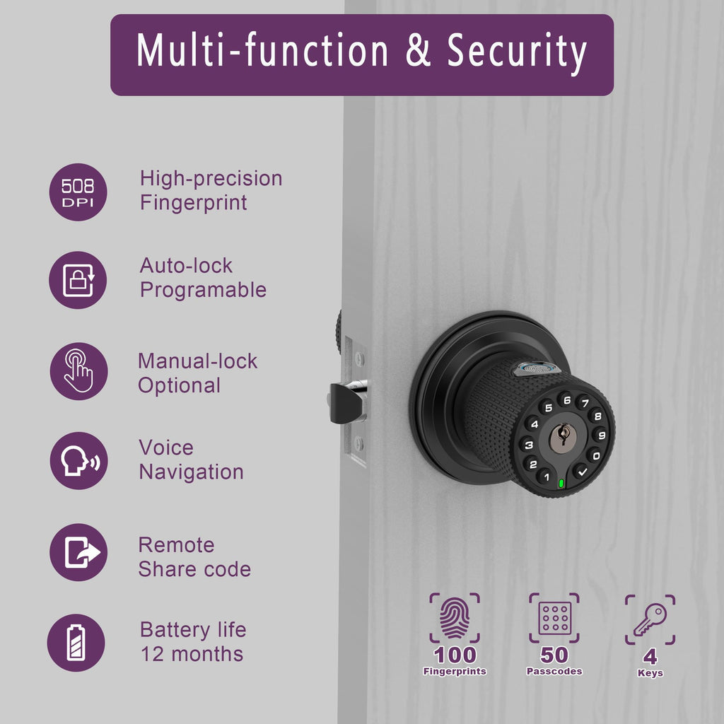 Double Sided Keyless Door Knob Lock with Fingerprint and Keypad, Smart Doorknob with Dual Cylinders for Exterior or Interior Door(Double Sided Fingerprint Matte Black)