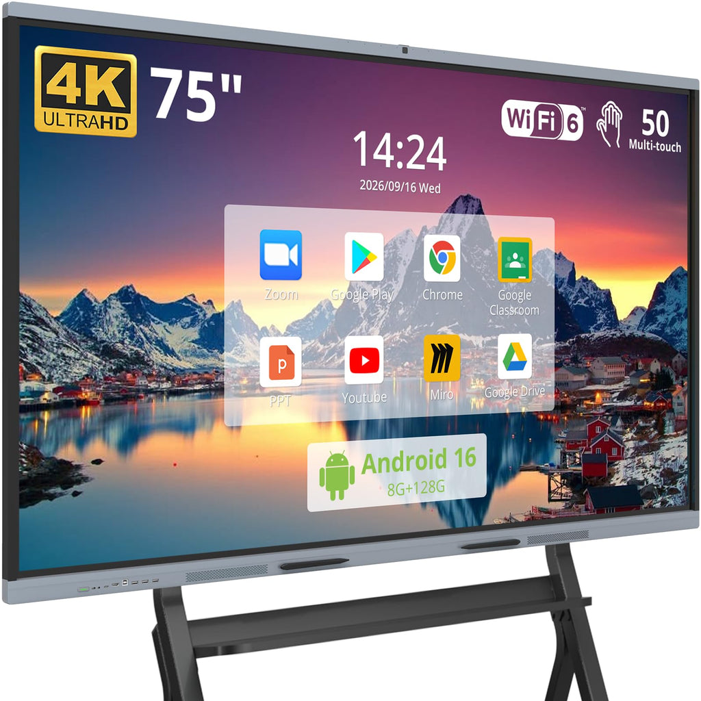 75" AI Pro Smart Board for Classroom & Office, Android 16 & Win 11 16G RAM+256G ROM, 48MP Camera Build in 4K UHD Interactive Whiteboard with Touchscreen & 8 Mic Array,Electronic Whiteboard for Meeting