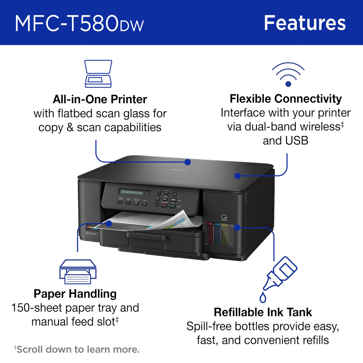 Brother INKvestment Tank 580 Wireless Color Inkjet All-in-One Printer | Includes up to 3 Years of Ink in-Box(1) and 3-Year Limited Warranty(2) (MFC-T580DW)