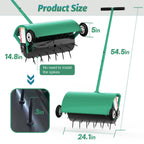 24 Inch Rolling Lawn Aerator, Heavy Duty Manual Aerator Tool, Up to 70 lbs, Push Spike Aeration Tool with 42 Spikes, Suitable for Lawns, Garden, and Yard Grass Aeration [Green]