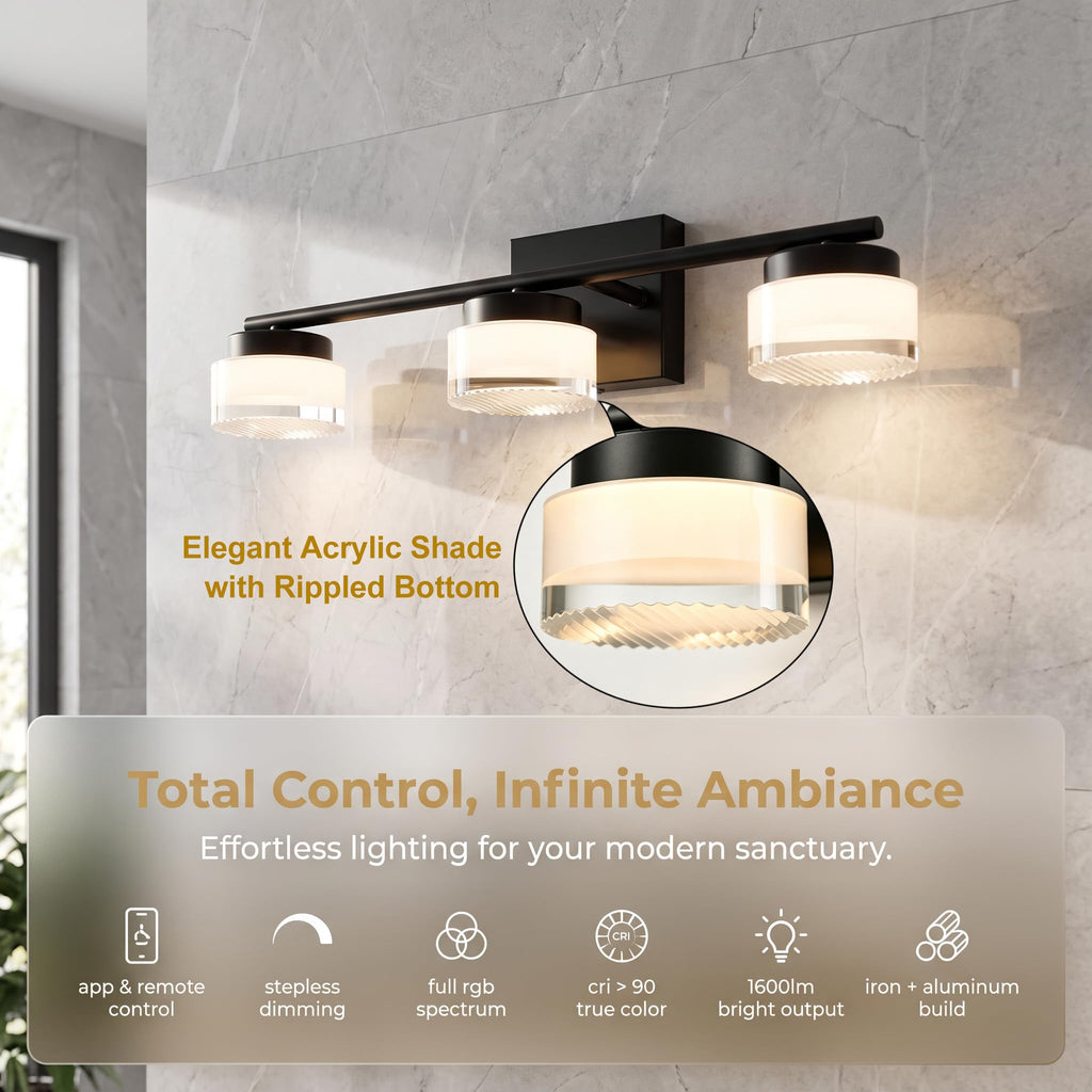 DAYCENT Black 3-Light Bathroom Vanity Lights with APP/Remote Control 21.26"