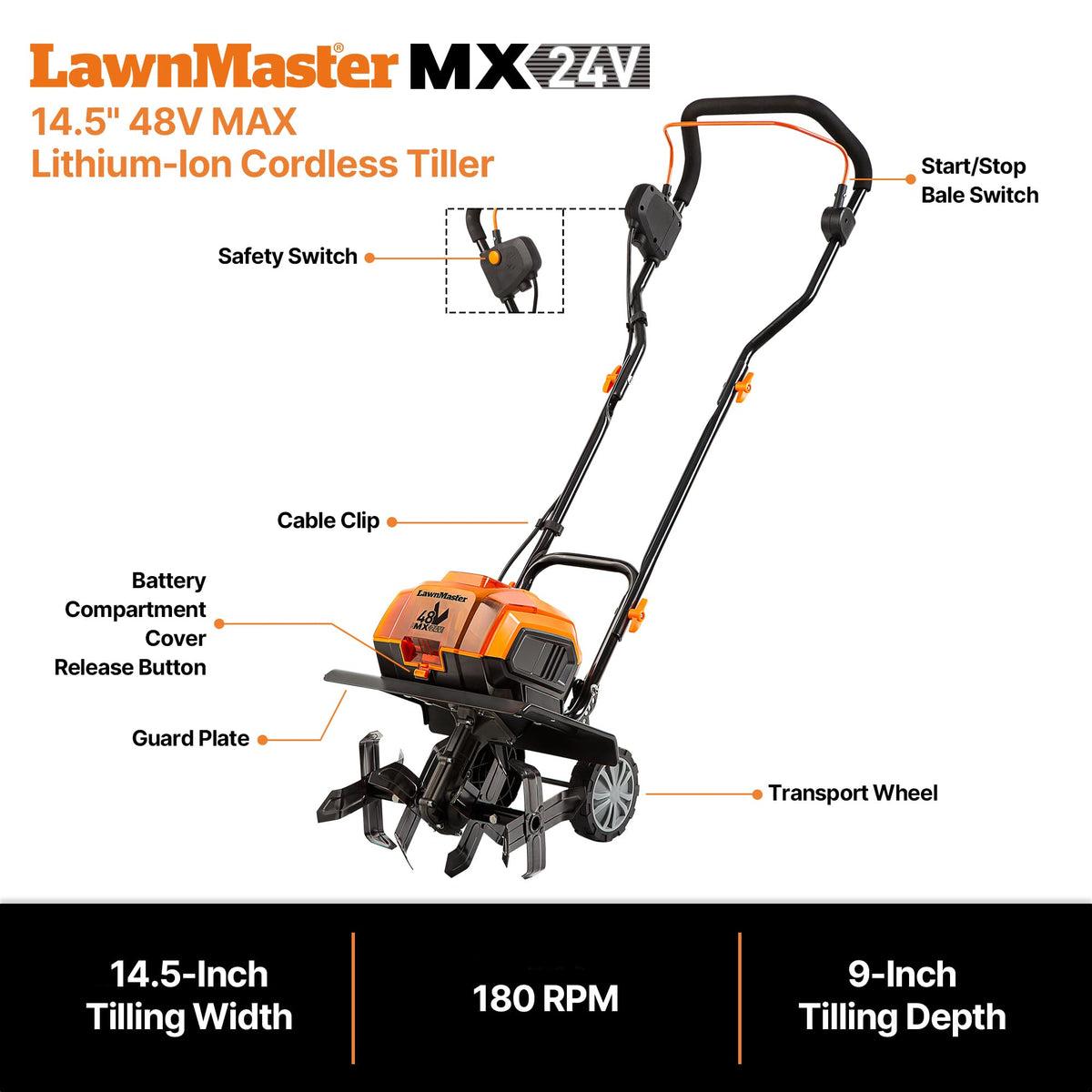 LawnMaster Brushless 48V MAX Cordless Tiller Cultivator, CLTE4814