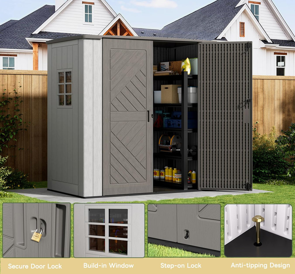 KINYING 6x4 FT Vertical Outdoor Storage Shed,Resin Clearance Outdoor Sheds with Floor,Garden Tool Shed for Lawn Mower/Bike Storage/Trash Cans/Pool Supplies,Lockable