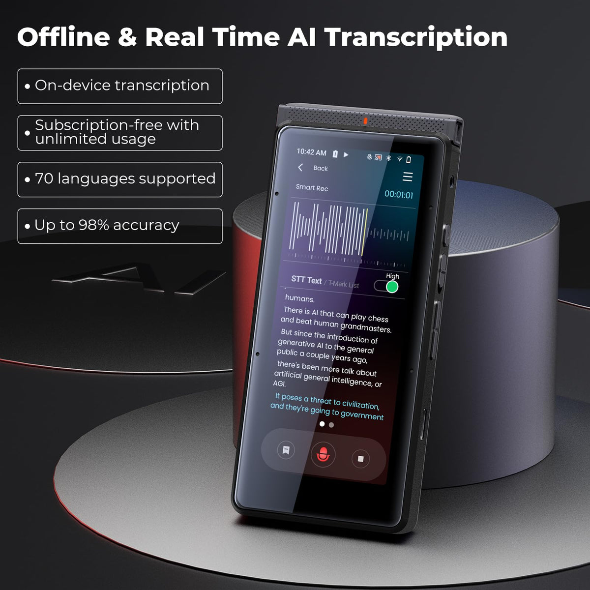 Innioasis PR1 AI Voice Recorder, Transcription & Translation with AI, 3.99 inch 64GB Smart Summarize, Offline AI Processing Note Taker for Meeting & Lectures, Translation for Business Travel, Black