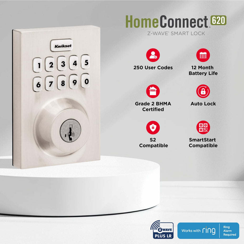 Kwikset HomeConnect 620 Z-Wave Long Range Enabled Keypad Smart Lock Convenient Keyless Entry, Customizable User Codes, Ring Alarm Compatible, Hub Required, Sold Separately Satin Nickel Contemporary