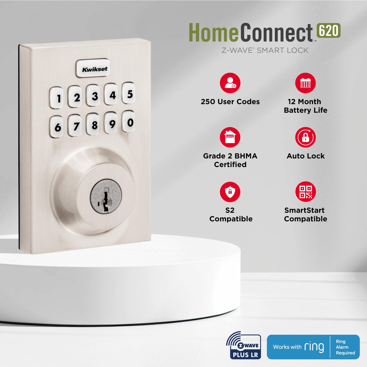 Kwikset HomeConnect 620 Z-Wave Long Range Enabled Keypad Smart Lock Convenient Keyless Entry, Customizable User Codes, Ring Alarm Compatible, Hub Required, Sold Separately Satin Nickel Contemporary