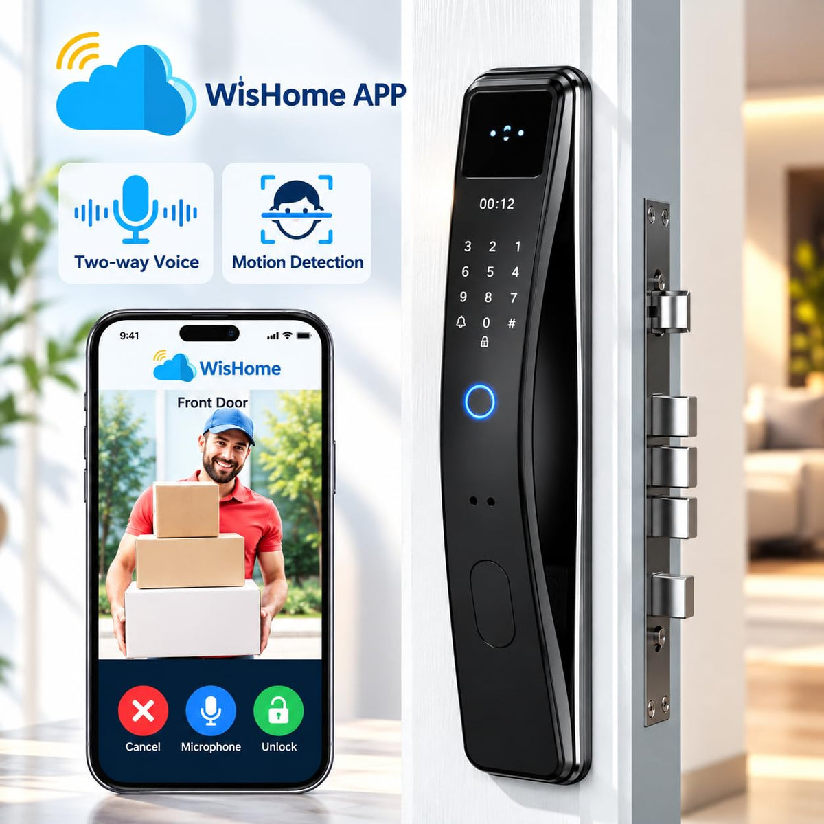 Smart Lock with Face Recognition: Biometric Palm Vine & Fingerprint, Video Intercom, Wishome APP Control, Keyless Entry Door Lock with HD Camera Display, Anti-Theft Alarm