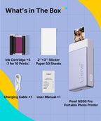 Liene Pearl N200 Pro Portable Photo Printer, Instant Mini Picture Printer for iPhone Smartphone, Thermal Dye Sublimation, Bluetooth Sticker Printer 50 Sheets 2x3 Adhesive Paper & 5 Cartridges, Purple