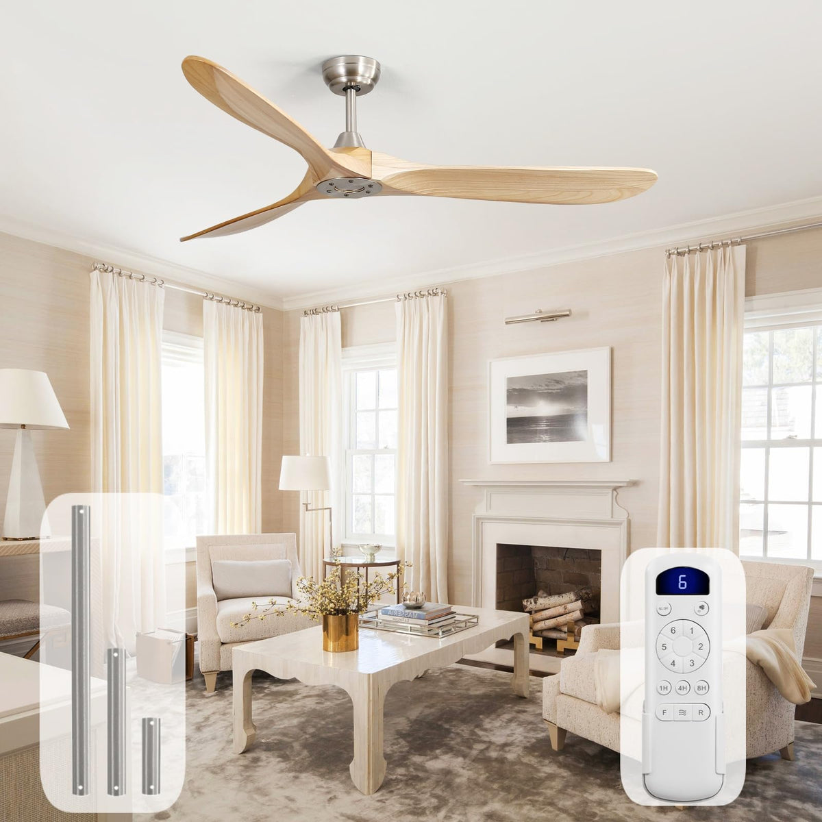Sofucor 48 Inch Smart Wood Ceiling Fans with Lights, Flush/Downrod Mount