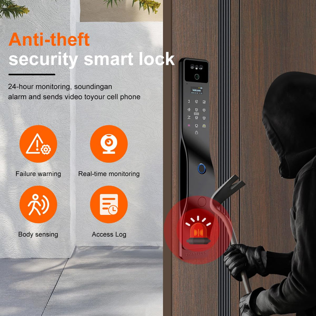 Smart Lock with Camera, 3D Facial Recognition, Palm Vein Recognition, 8-in-1 Keyless Entry, Hd Video Display, Fingerprint, Ic Card, Tuya App, Wi-Fi, Auto-Lock, Voice Control