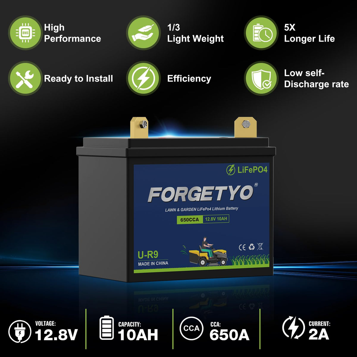 U-R9 Riding Lawn Mower Battery, 12V 10Ah 650CCA Lithium LiFePO4 Garden Tractor Starting Battery, Compatible with John Deere,Cub Cadet,Craftsman,Troy-Bilt Mower, and Generator