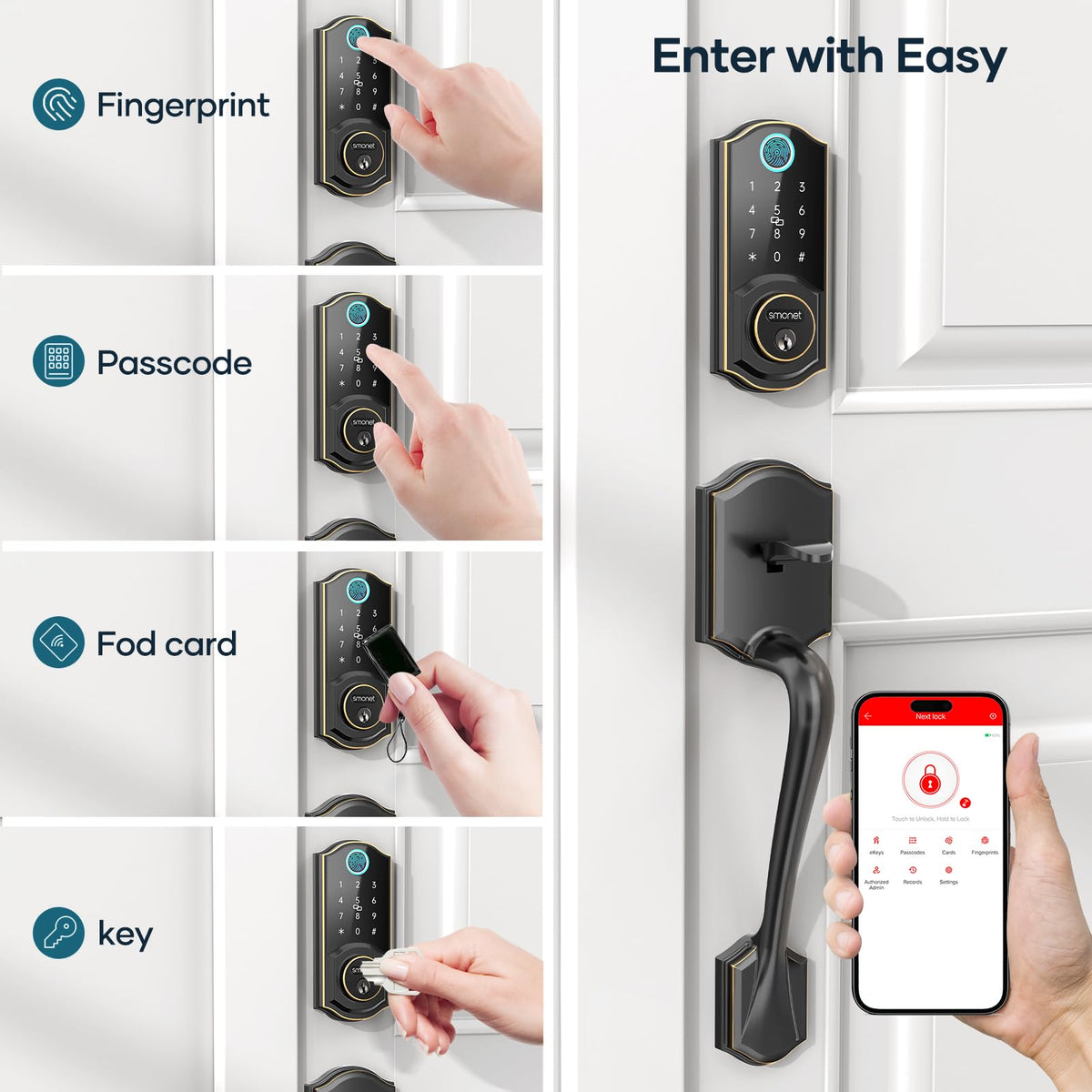 SMONET Front Door Lock Set Keyless Entry, Smart Door Lock with Handle, Fingerprint Keypad Bluetooth Alexa Deadbolt Lockset Suitables for Rental Management and Smart Home Residents