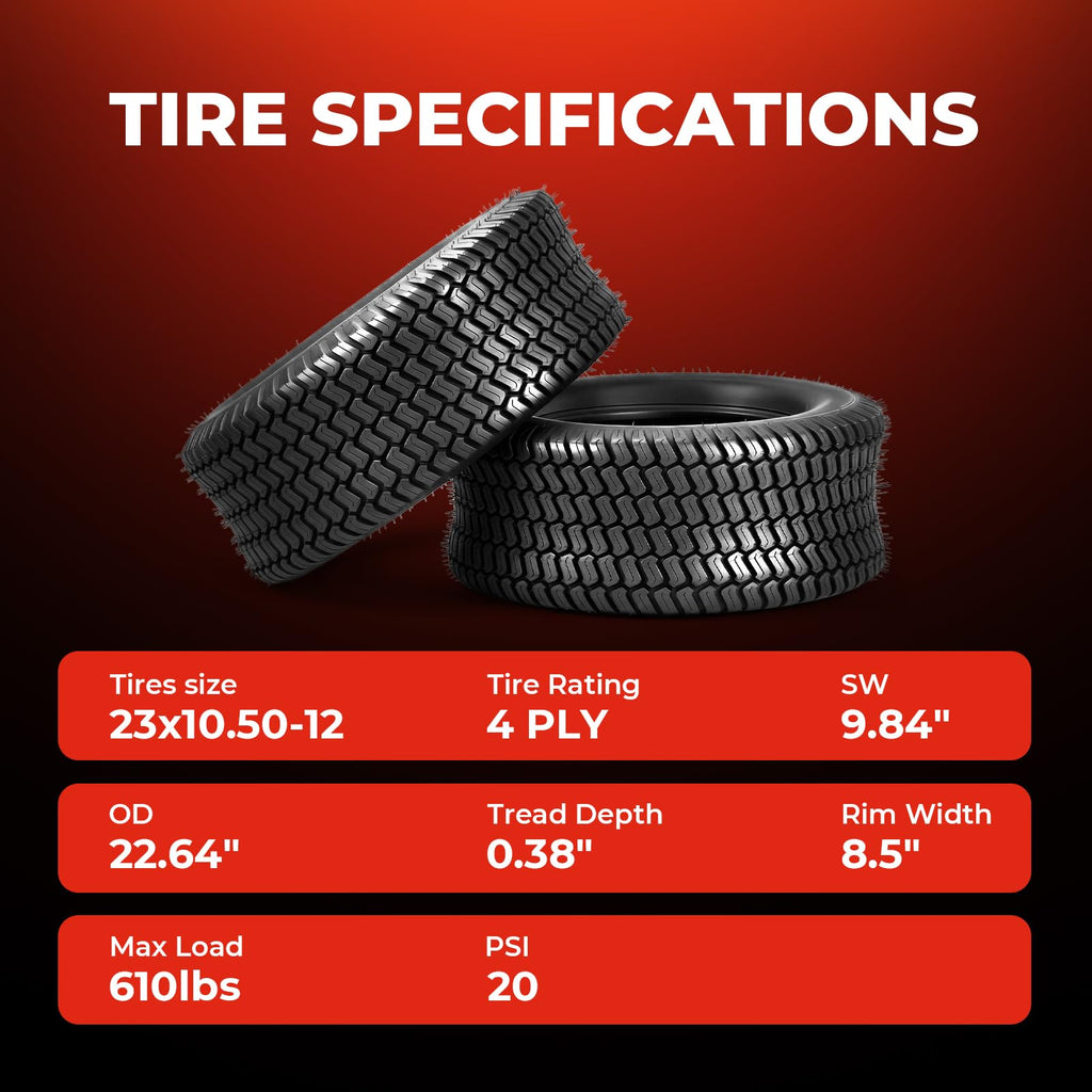 23x10.50-12 Lawn Mower Tires, 4 Ply Tubeless, Set of 2