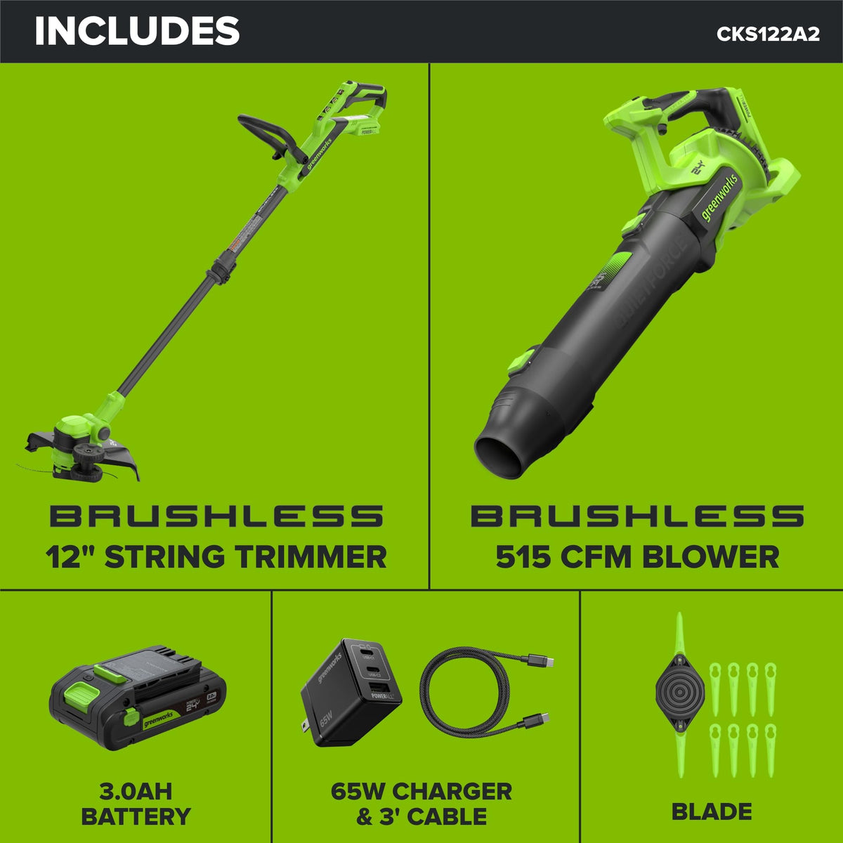 Greenworks 24V 12 in String Trimmer & 515 CFM Blower Combo, 3.0 Ah Battery