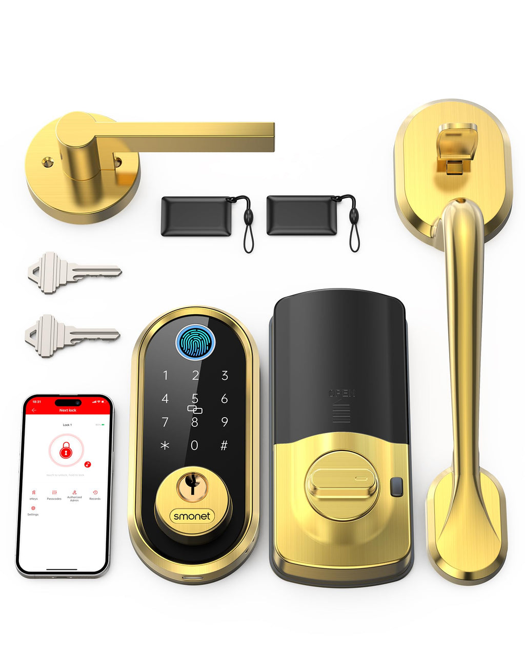 SMONET Fingerprint Smart Lock Front Door Handle Set Digital Deadbolt Gold