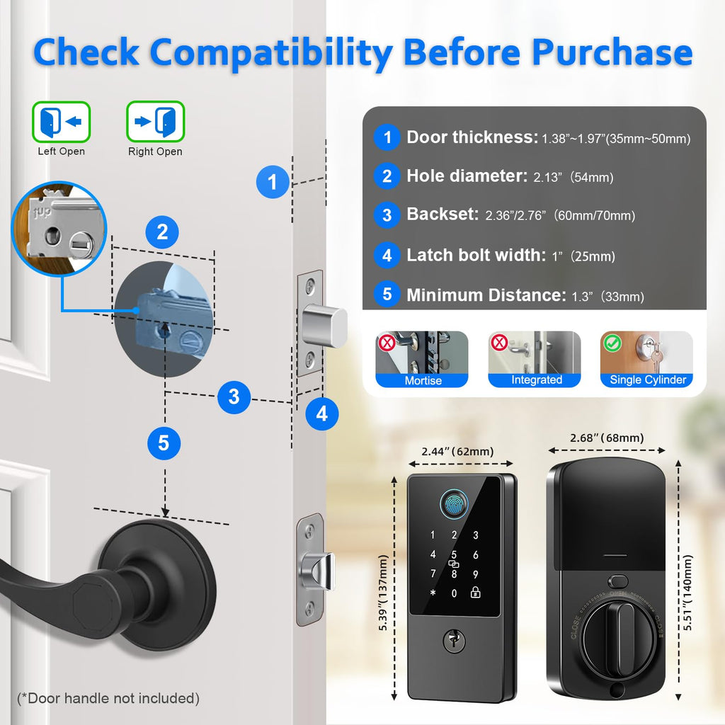 Smart Door Lock Deadbolt, Keyless Entry Door Lock with Fingerprint & Keypad,App Control,Auto Lock,Secure Electronic Digital Lock for Front Door Home Apartment Rental,Easy Installation,Matte Black