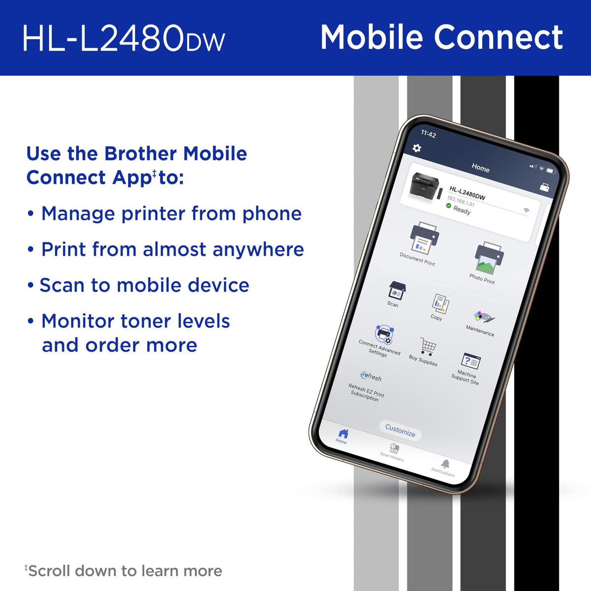 Brother HL-L2480DW Wireless Compact Monochrome Multi-Function Laser Printer with Copy and Scan, Duplex, Mobile, Black & White | Includes Refresh Subscription Trial(1), Works with Alexa