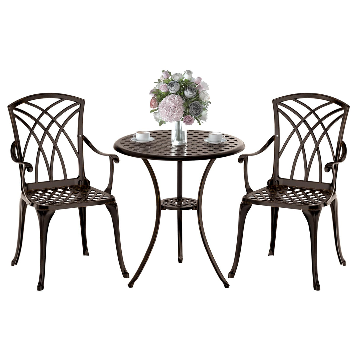 Patio Bistro Set of 2 w/Cushions and Umbrella Hole, White