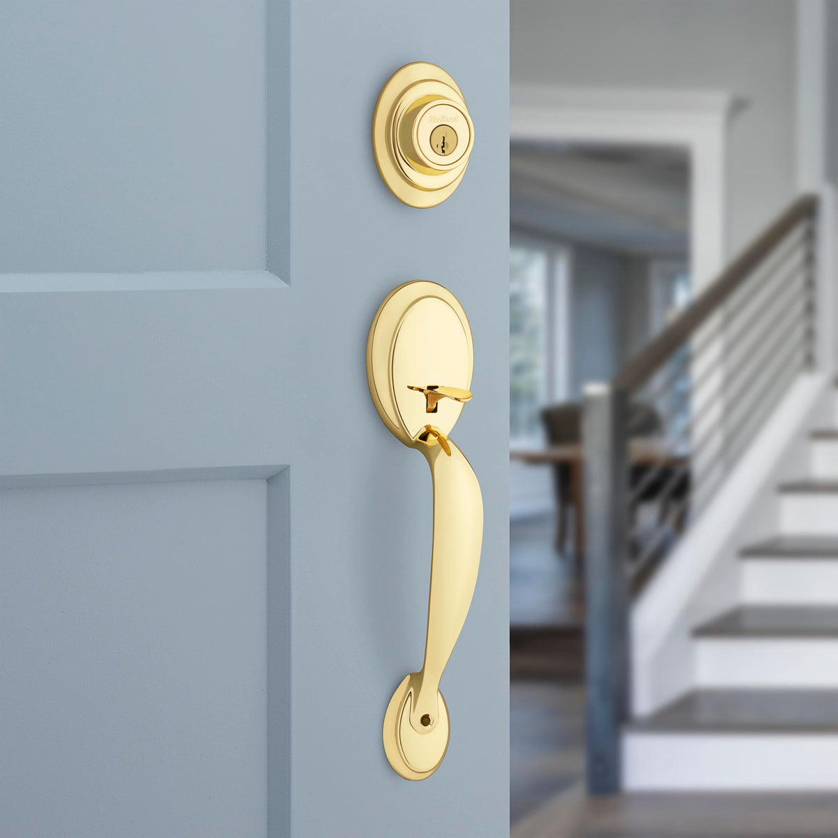 Kwikset Dakota Front Door Lock Handle and Deadbolt Set, Entry Handleset Exterior with Tylo Interior Door Knob, Polished Brass, Pick Resistant SmartKey Rekey Deadbolt Security