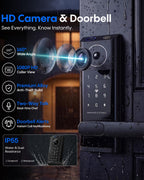 Smart Door Lock with Camera & Video Doorbell, Fingerprint Keypad, App Remote Control, 2.4GHz WiFi, IC Card, Auto Lock, Keyless Entry Deadbolt Lock with Handle for Front Door