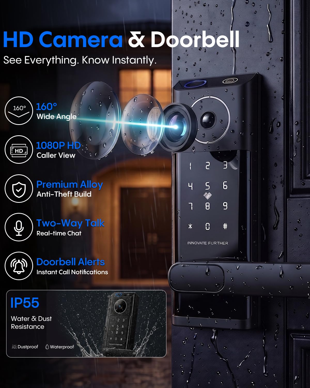 Smart Door Lock with Camera & Video Doorbell, Fingerprint Keypad, App Remote Control, 2.4GHz WiFi, IC Card, Auto Lock, Keyless Entry Deadbolt Lock with Handle for Front Door