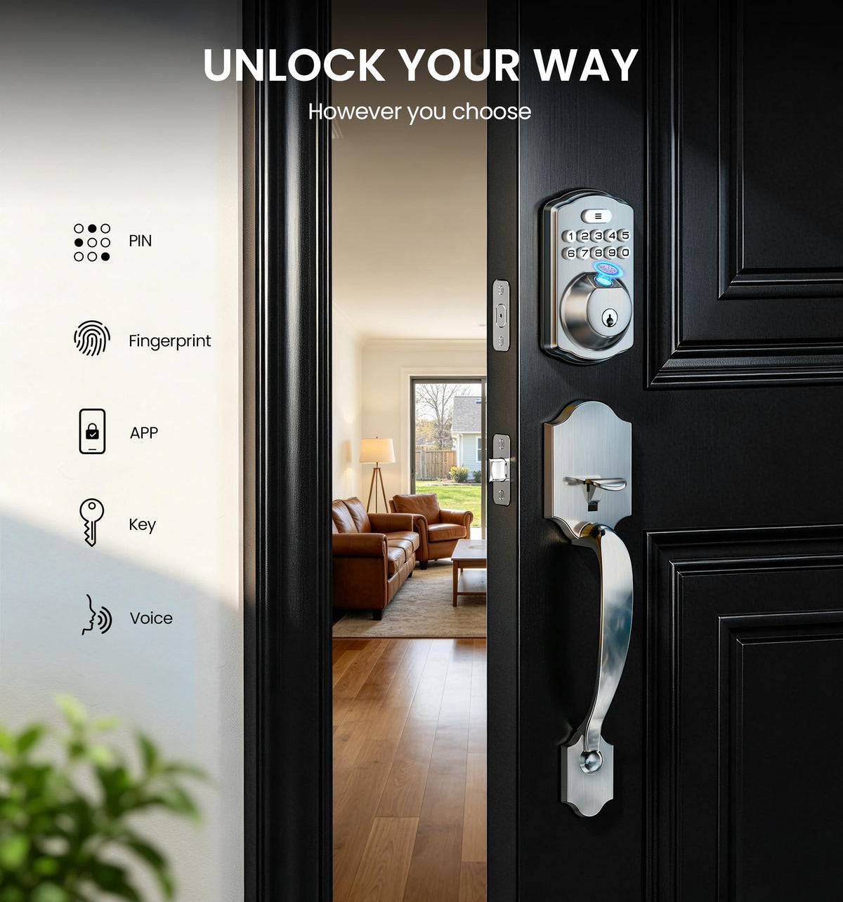 Veise VE012W-H Wi-Fi Smart Front Door Lock Set with Handle, Satin Nickel