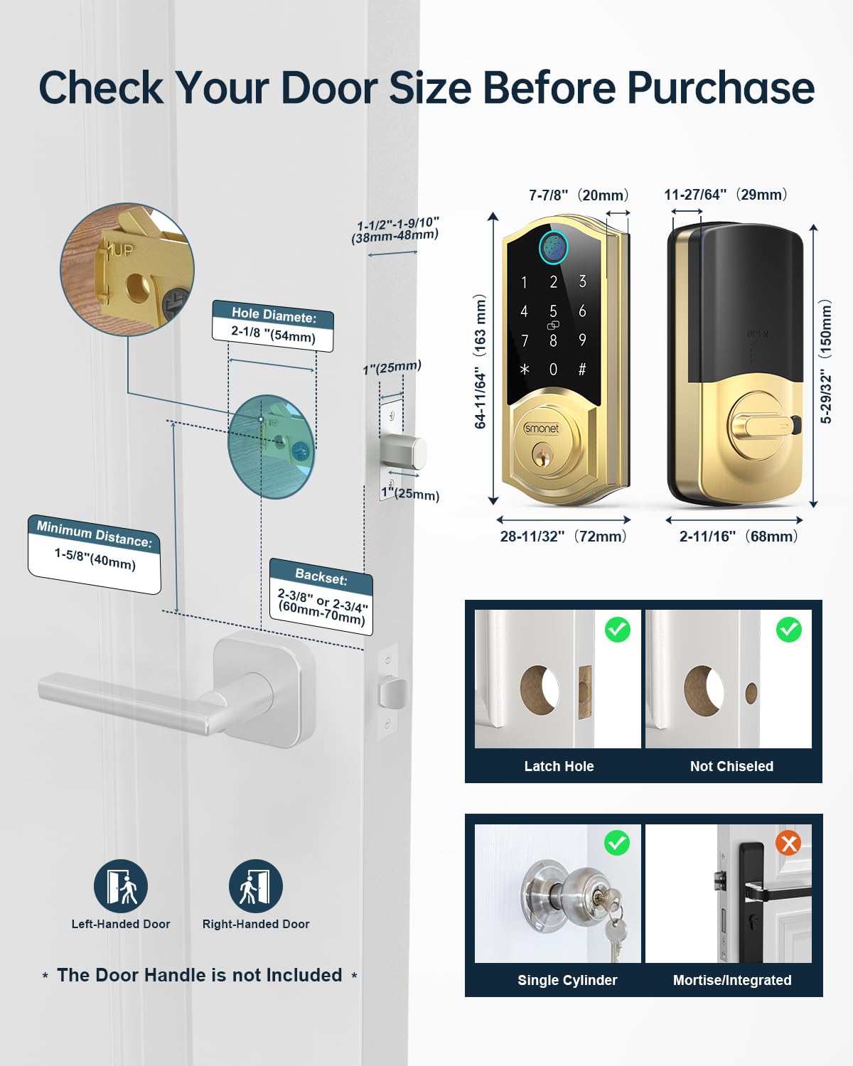 SMONET Smart Lock Brass Fingerprint Deadbolt, Keyless Entry Door Lock