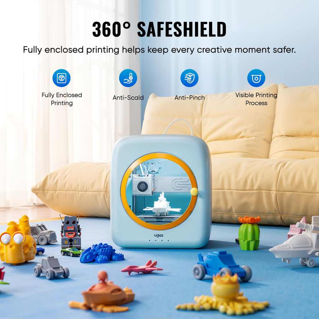 ugee Funbox 3D Printer – Safe Home Air Filter, AI Voice/Photo Modeling, One-Tap App Print, Anti-Scald, Fun Educational Maker for Families