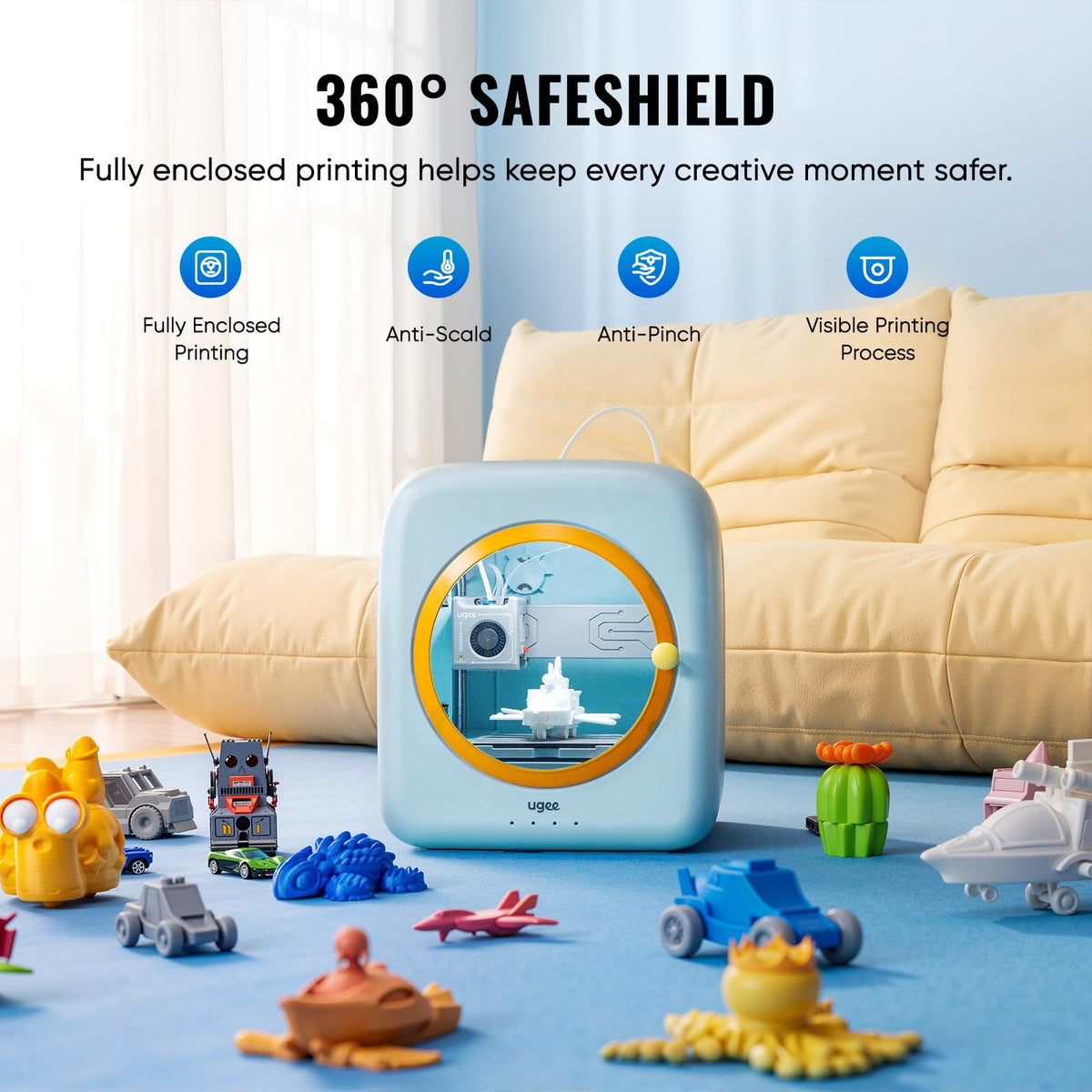 ugee Funbox 3D Printer – Safe Home Air Filter, AI Voice/Photo Modeling, One-Tap App Print, Anti-Scald, Fun Educational Maker for Families