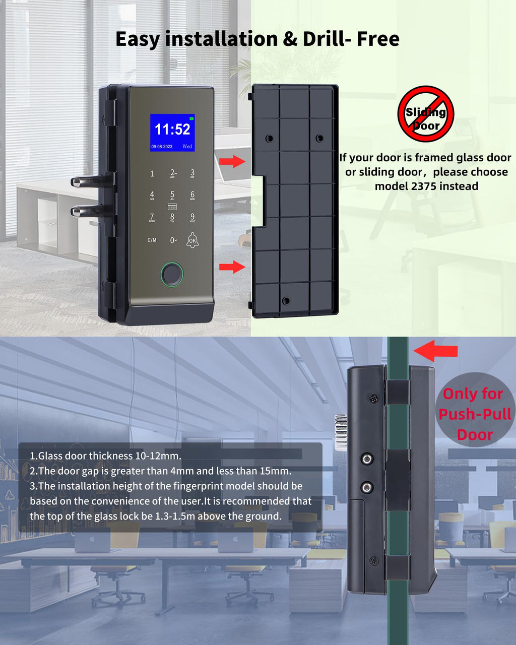Smart Glass Door Lock,Perfiware 4in1 Biometric Fingerprint Glass Door Locks LG2315,2024 Drill-Free Keyless Entry Upgraded Door Locks,Great for Office,Home,Hotel,Apartment