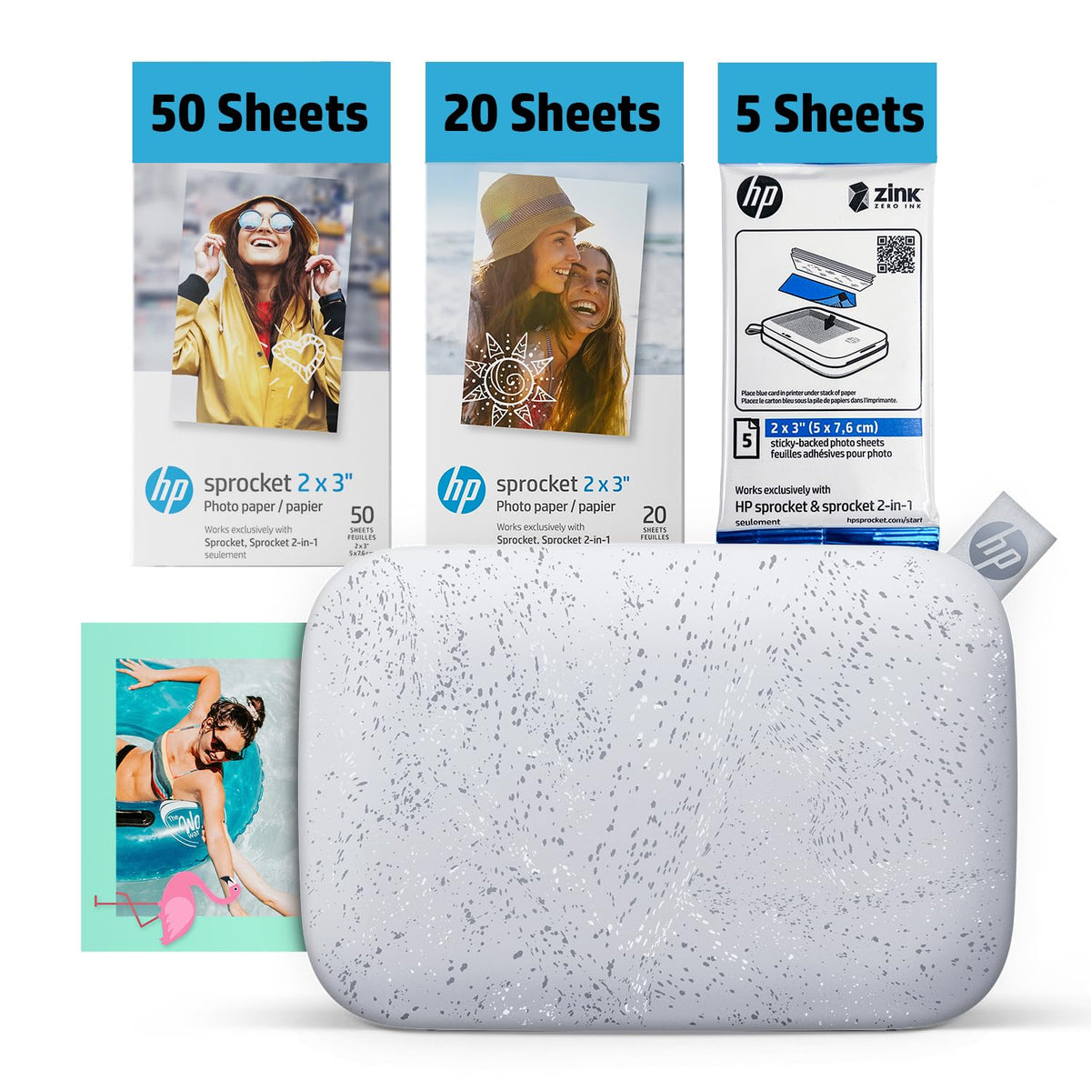 HP Sprocket 2x3 Instant Smartphone Photo Printer 75 Sheets Bundle - Bluetooth Portable Color Wireless Mobile Printer (Luna Pearl) Zink Sticky-Back Photos