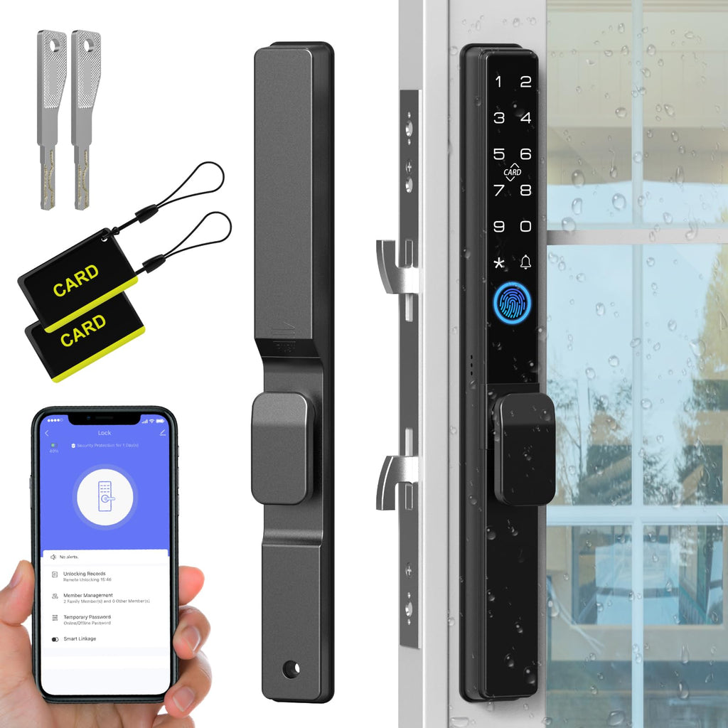 Sliding Glass Door Lock, Sliding Door Smart Lock with Fingerprint Keypad RFID Card Bluetooth App Key, 2885 Mortise Deep Pocket Patio Door Lock with Handle