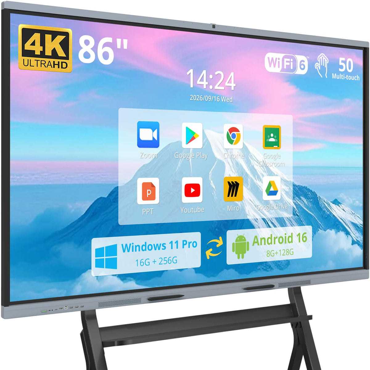 75" AI Pro Smart Board for Classroom & Office, Android 16 & Win 11 16G RAM+256G ROM, 48MP Camera Build in 4K UHD Interactive Whiteboard with Touchscreen & 8 Mic Array,Electronic Whiteboard for Meeting