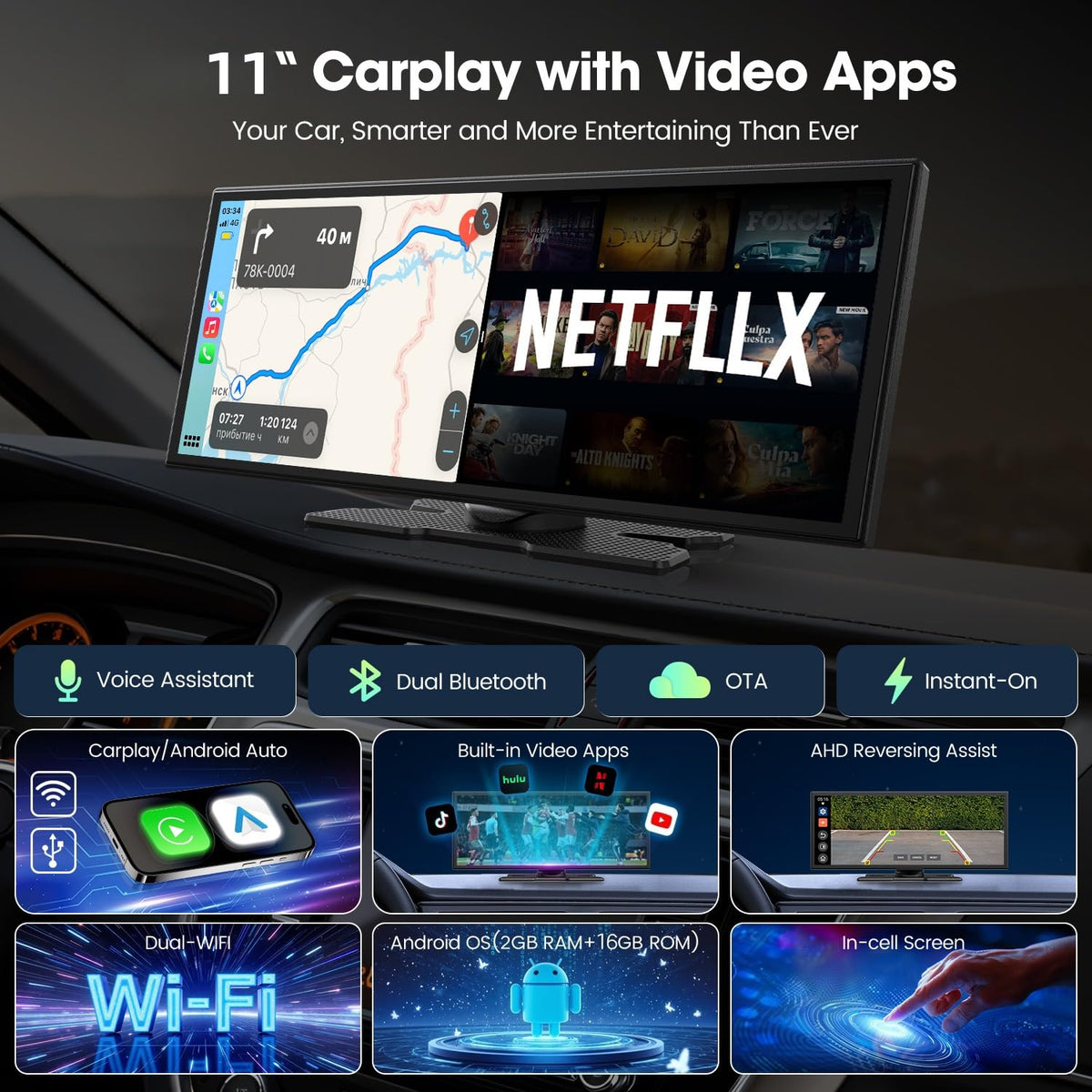 LAMTTO 11'' Wireless Carplay Screen with Net-Flix YouTube and Backup Camera