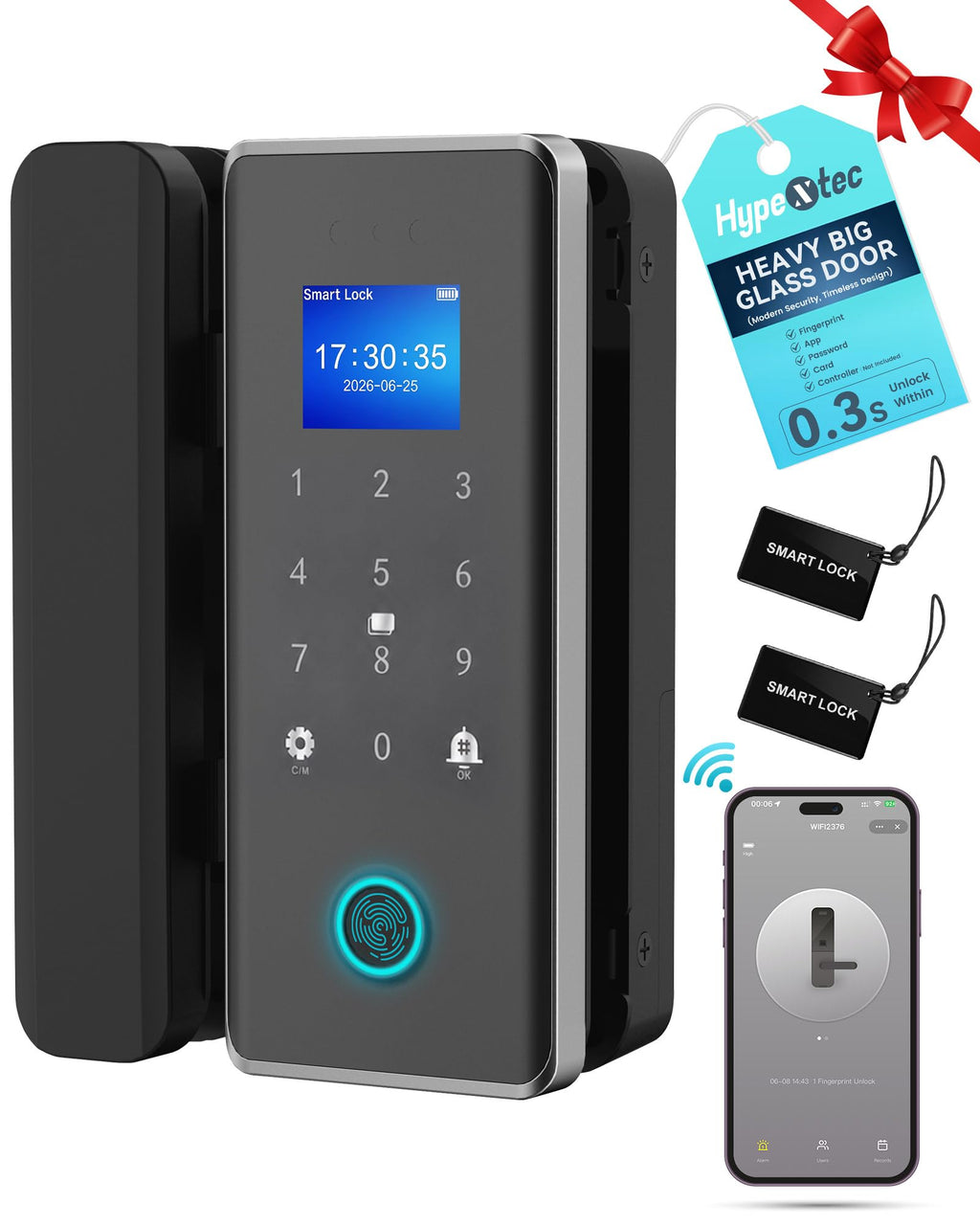 Smart Glass Door Locks for Frameless Glass Doors, No Drill Keyless Entry Gate Locks,4 in 1 Glass Locks,Fingerprint,IC Card,Password,APP, Door Lock for Office,Store,Cabinet,Shop (Zigbee)
