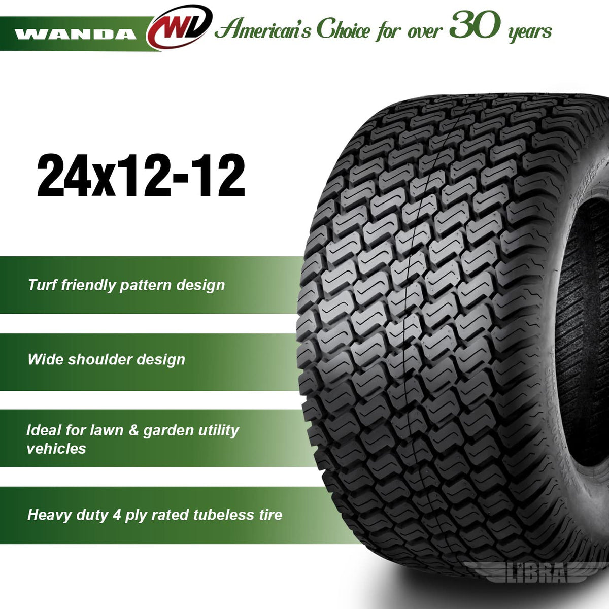 WANDA Set 2 Lawn Mower Tractor Turf Tires 24x12-12 P332 4PR